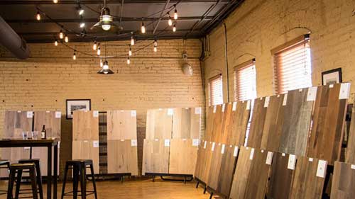 Over 100 new and current samples of prefinished flooring shown at our Omaha open house at Old Mattress Factory in Omaha, NE.