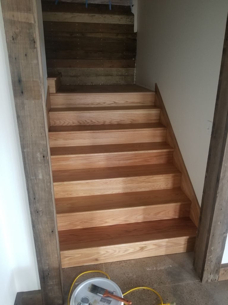 5" #2 Red Oak Sand and Finish wood stairs in hunting cabin