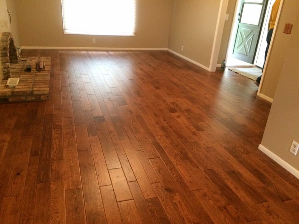dark prefinished hardwood floor in living room